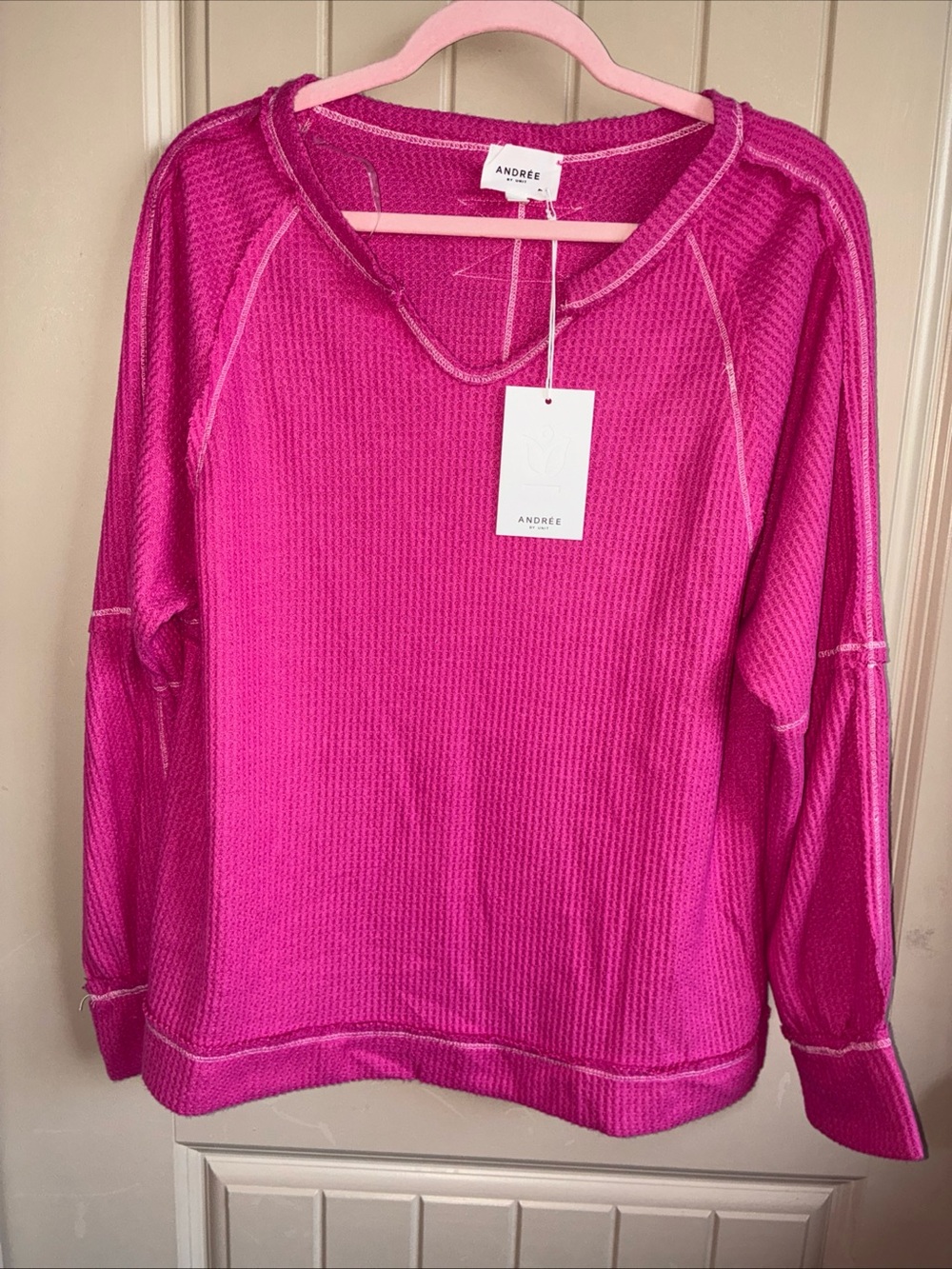 ANDREE BY UNIT Hot Pink Waffle-Knit Long Sleeve Pullover